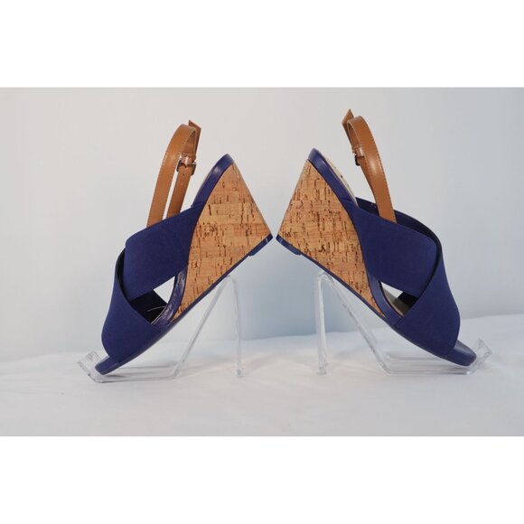 Isaac Mizrahi Navy Blue Cork Wedge Sandals with Adjustable Tan Strap - Size 7W - Picture 2 of 9